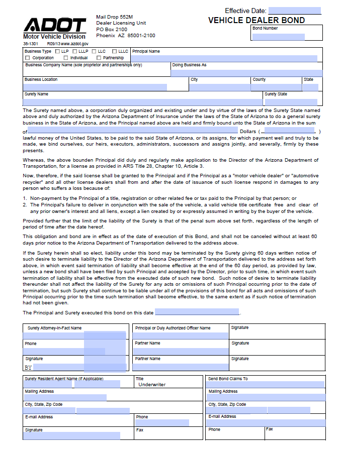 arizona auto dealer bond