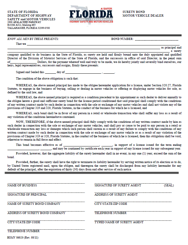 florida auto dealer bond form