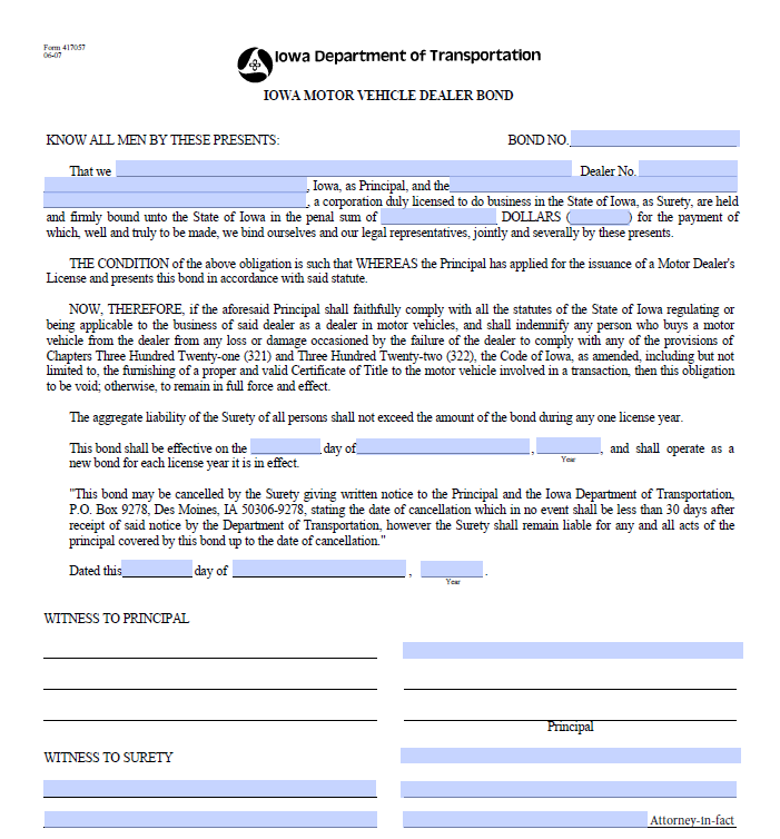 iowa auto dealer bond form