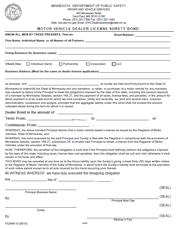 minnesota auto dealer bond form