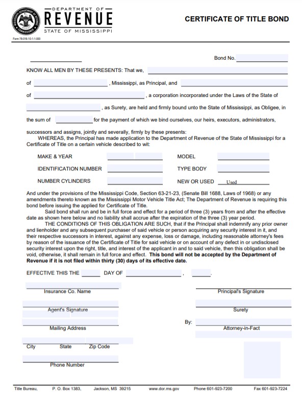 Mississippi Lost Title Bond Form