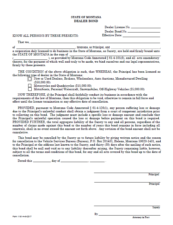 Montana Auto Dealer Bond Form