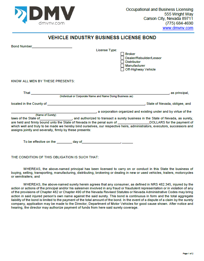 nevada auto dealer bond form