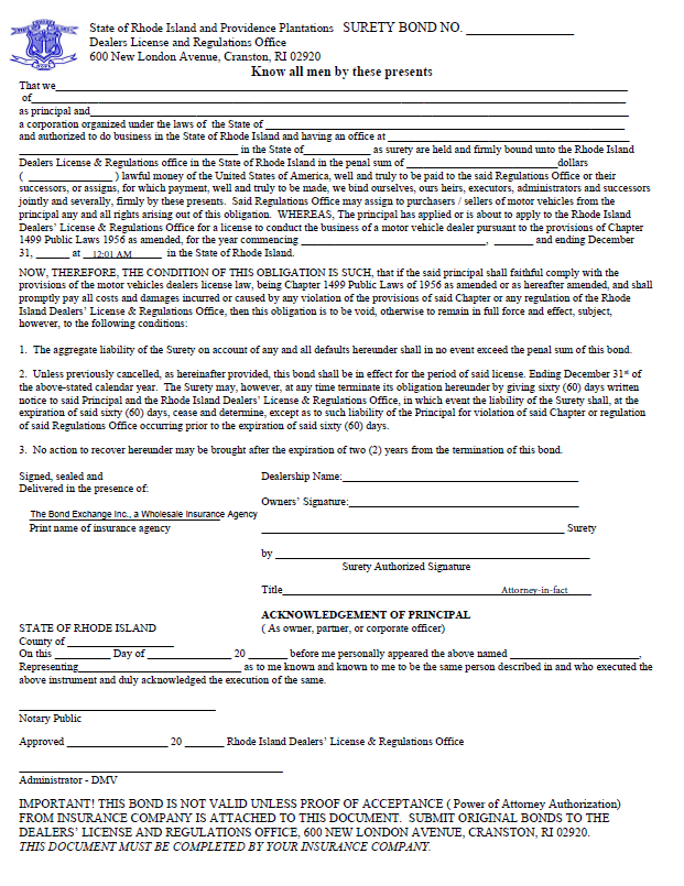 rhode island auto dealer bond form