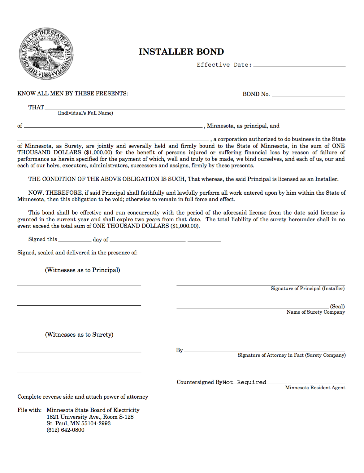 Minnesota Electric Installer Bond Form