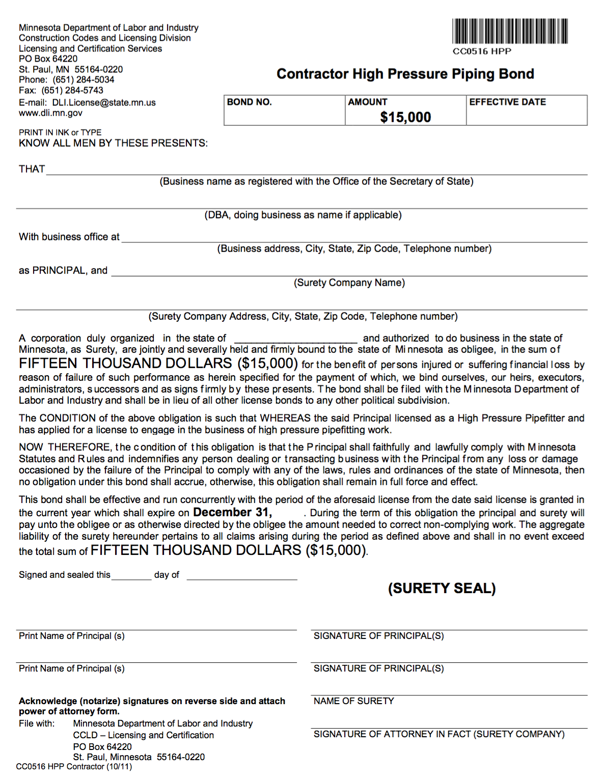 Minnesota Contractor High Pressure Piping Bond Form