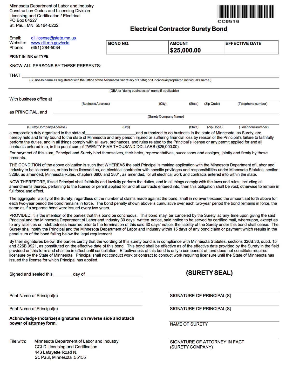 Minnesota Electrical Contractor Bond Form