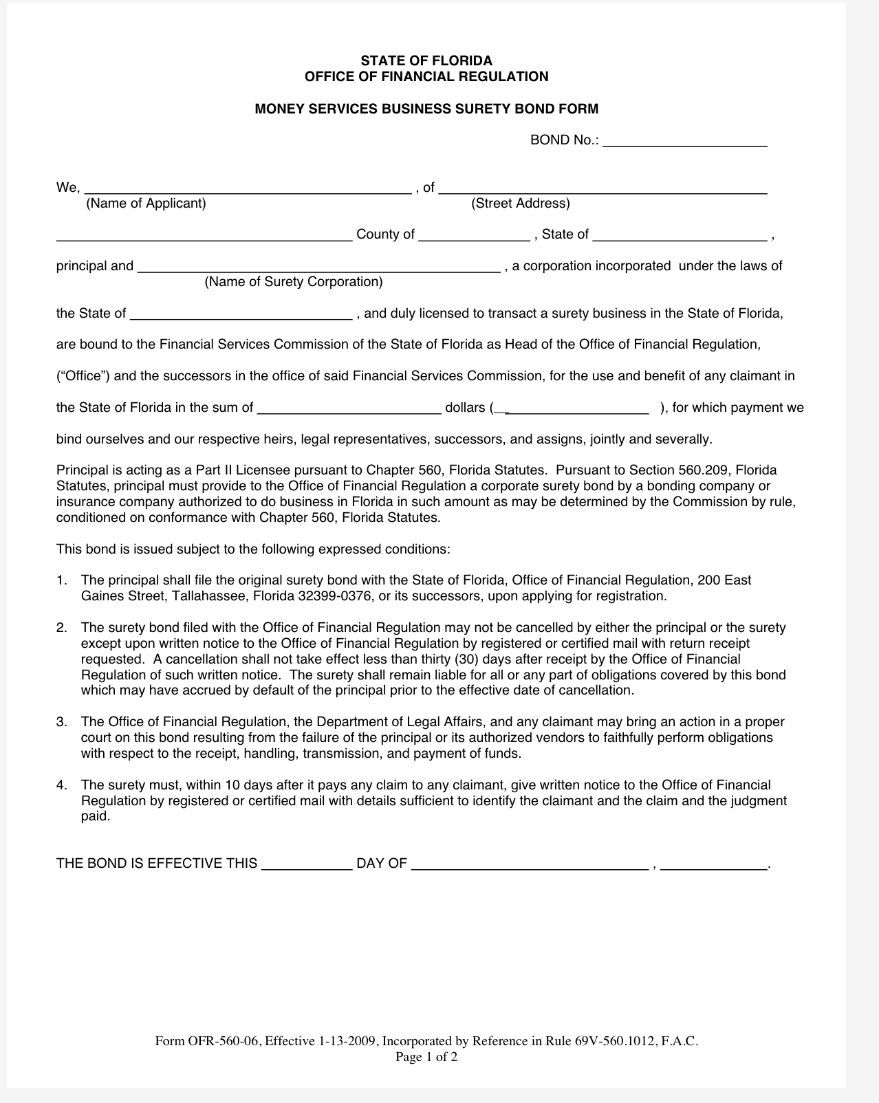 Florida Money Services Bond Form