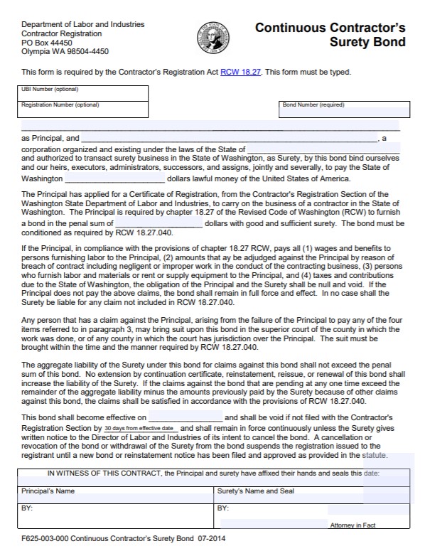 Washington Contractor License Bond Form