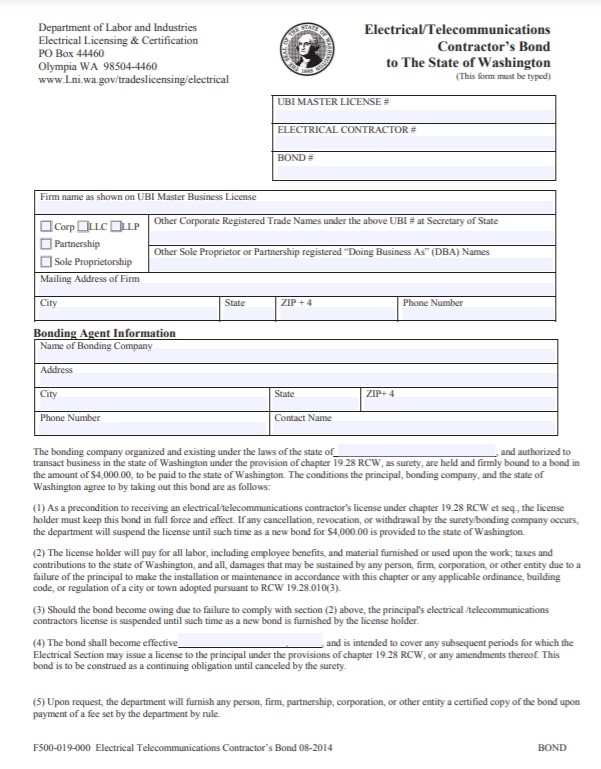 Washington Electrical/Telecommunications Contractor Bond Form