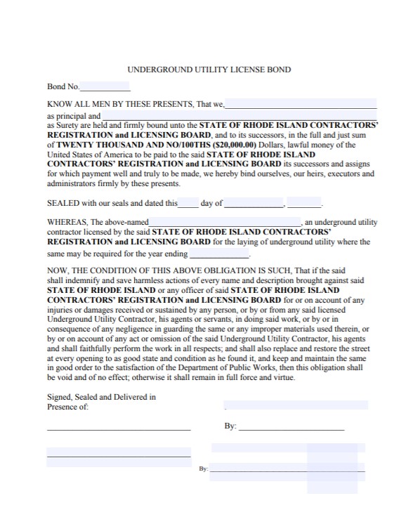 Rhode Island Underground Utility License Bond Form