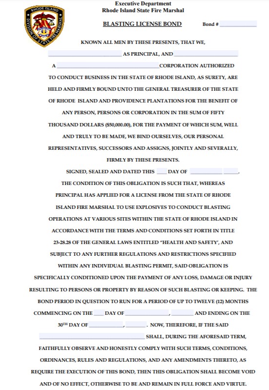 Rhode Island Blasting License Bond Form