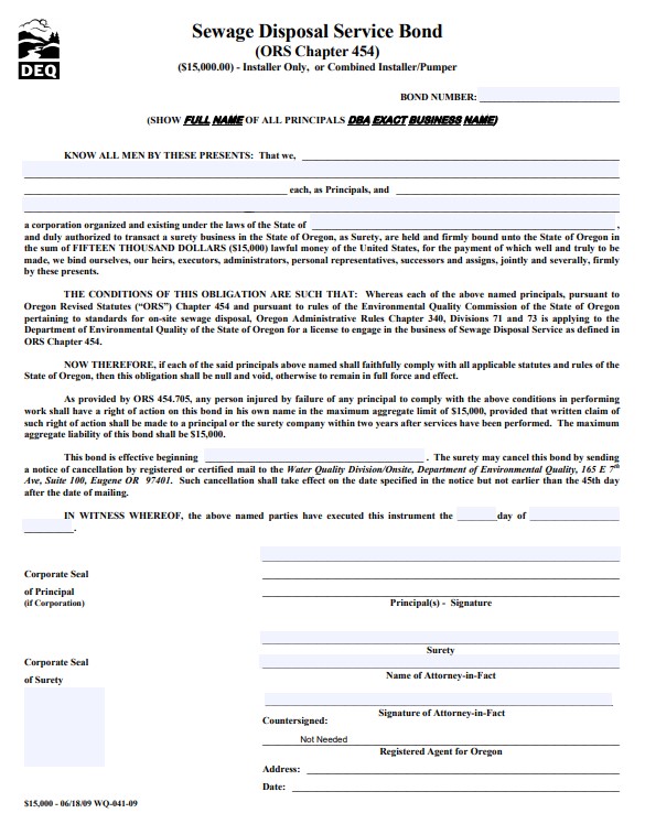 Oregon Sewage Disposal Service Bond Form