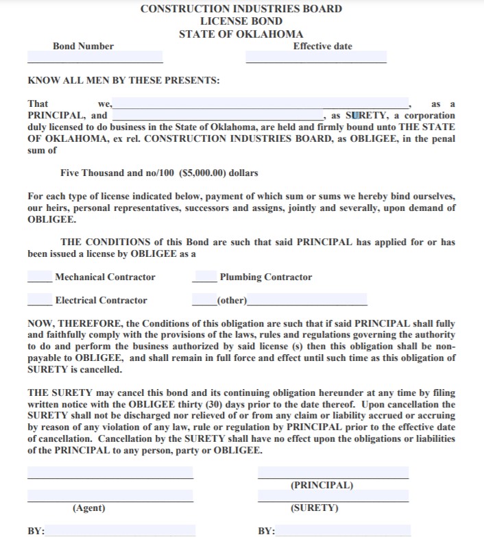 Oklahoma Electrical Contractor Bond Form