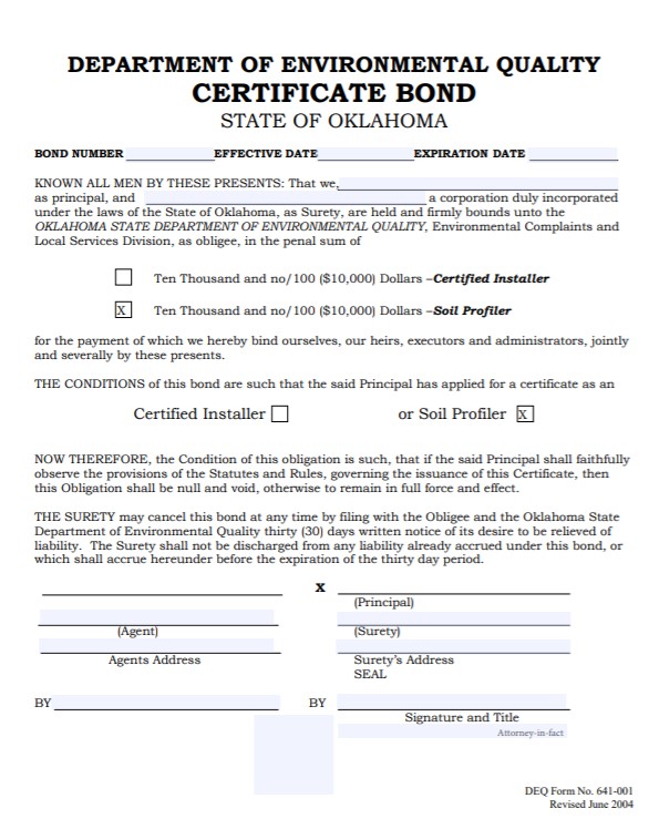 Oklahoma Soil Profiler Bond Form