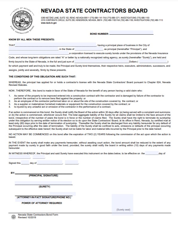 Nevada Contractor License Bond Form