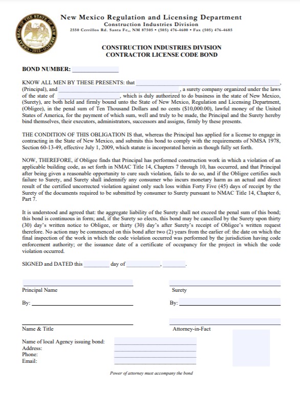 New Mexico Contractor License Bond Form