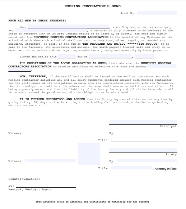 Kentucky Roofing Contractor Bond Form