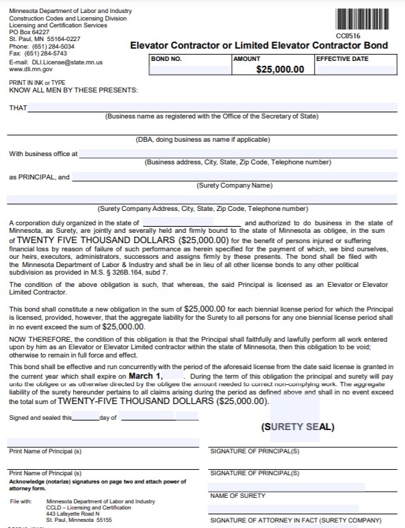 Minnesota Elevator Contractor Bond Form