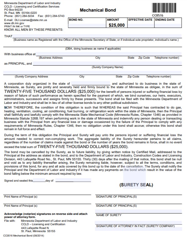 Minnesota Mechanical Contractor Bond Form