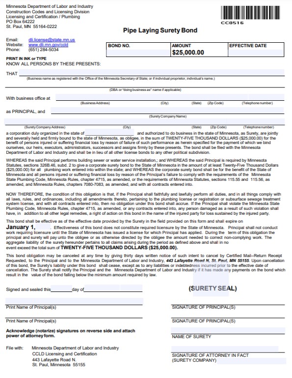 Minnesota Pipe Contractor Bond Form