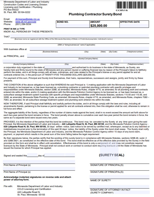 Minnesota Plumbing Contractor Bond Form