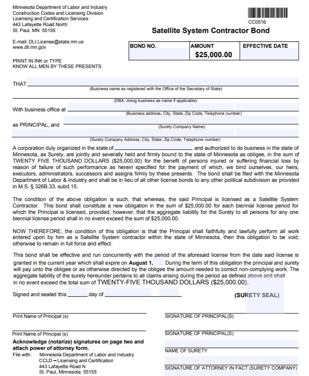 Minnesota Satellite System Contractor Bond Form