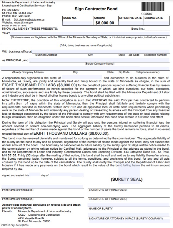 Minnesota Sign Contractor Bond Form