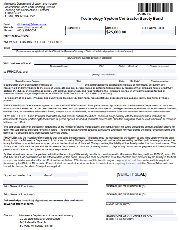 Minnesota Technology System Contractor Bond Form