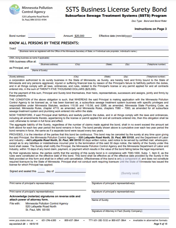 Minnesota SSTS Business License Bond Form