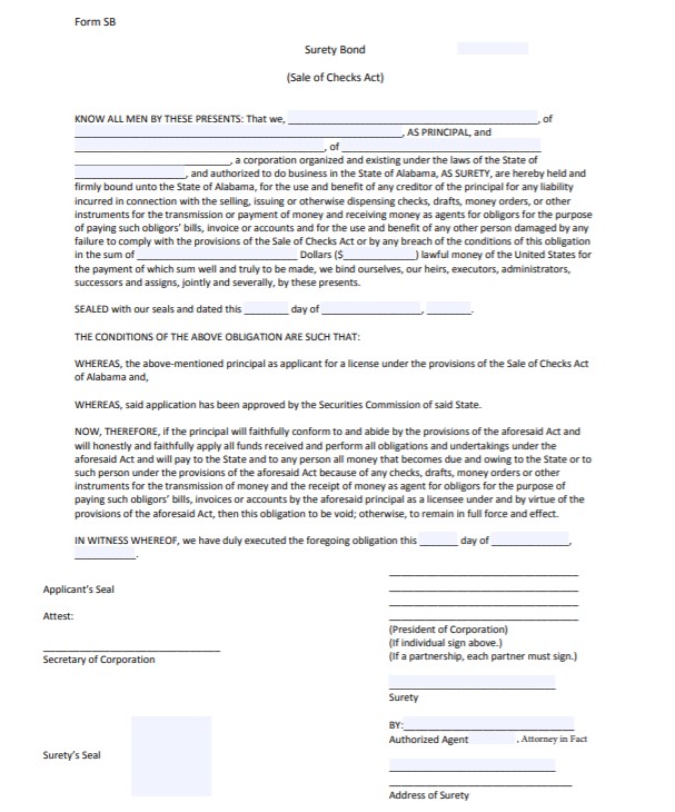  Alabama Sale of Checks Bond Form