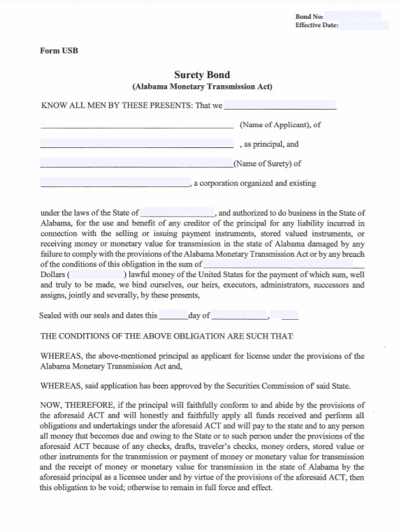 Alabama Money Transmitter Bond Form