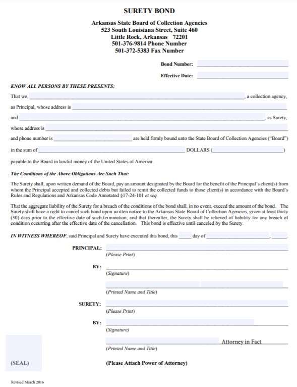 Arkansas Collection Agency Bond Form