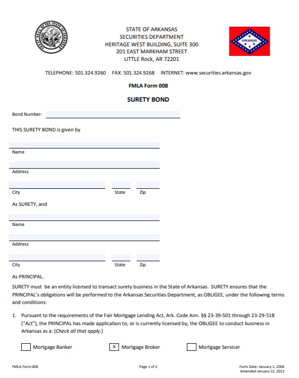 Arkansas Mortgage Broker Bond Form