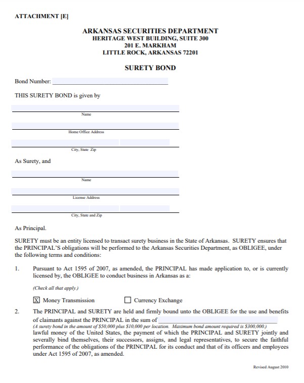 Arkansas Money Transmitter Bond Form