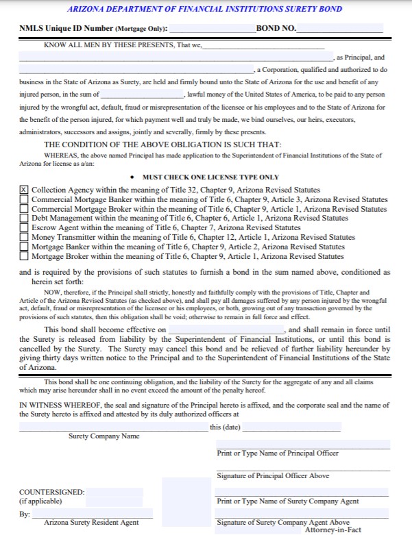 Arizona Collection Agency Bond Form