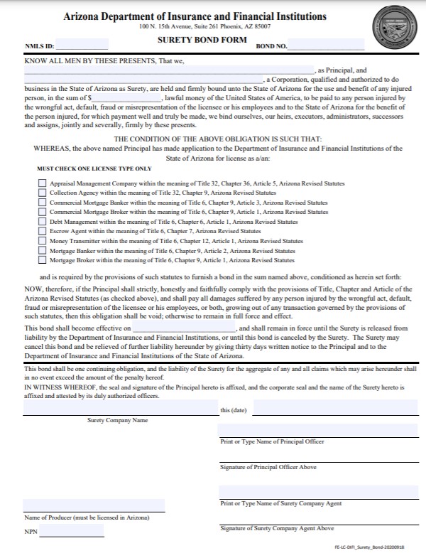 Arizona Money Transmitter Bond Form