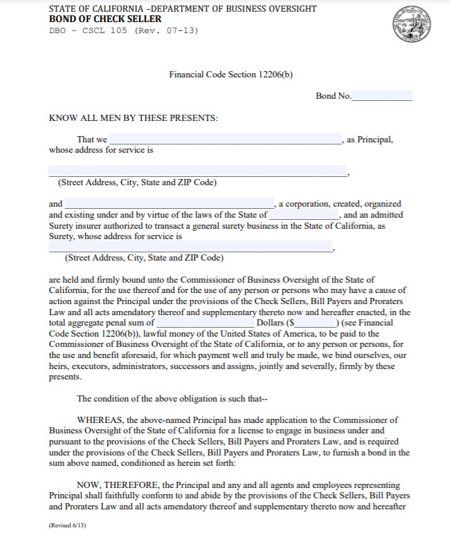 California Check Seller Bond Form