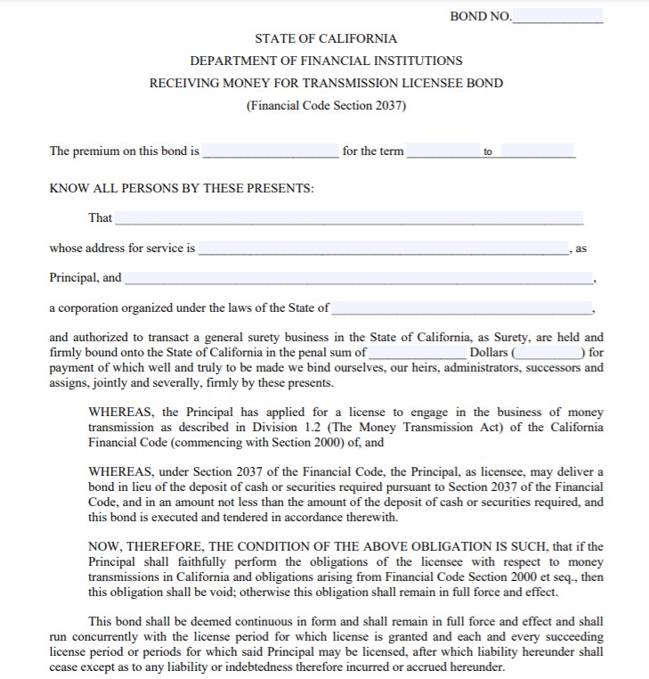 California Money Transmitter Bond Form