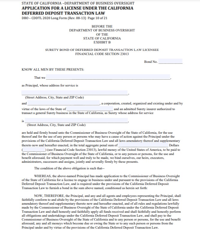 California Deferred Deposit Transaction Bond Form