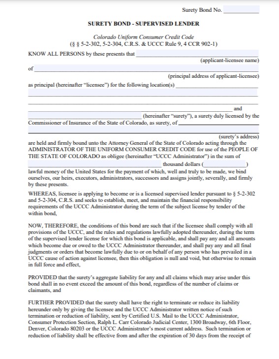 Colorado Supervised Lender Bond Bond Form