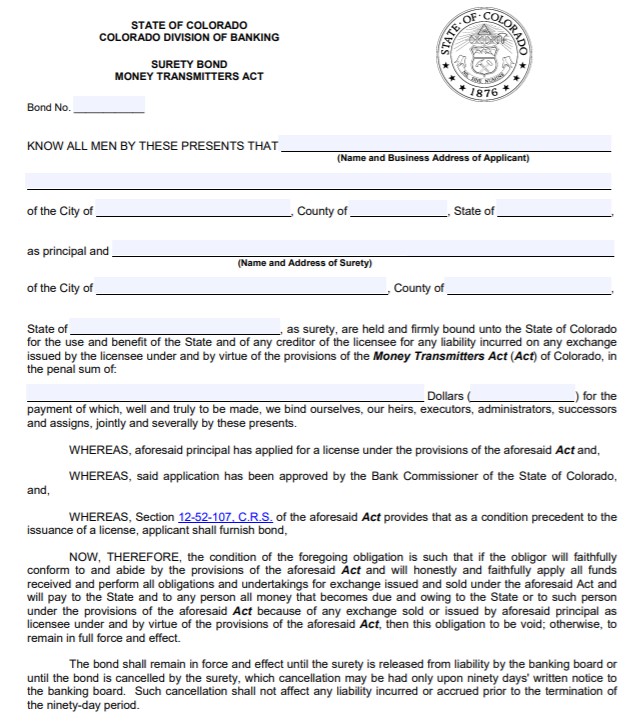 Colorado Money Transmitter Bond Form