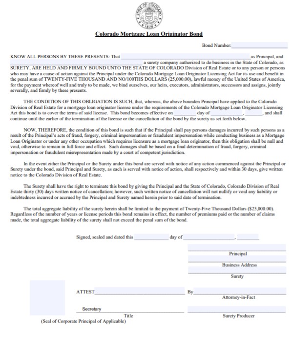 Colorado Mortgage Loan Originator Bond Form