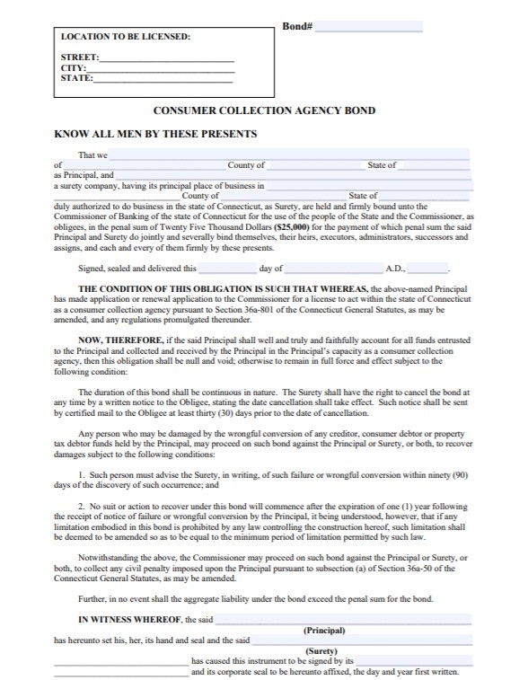 Connecticut Consumer Collection Agency Bond Form