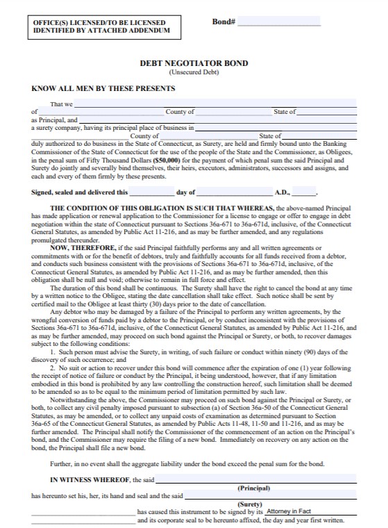 Connecticut Debt Negotiator Bond Form