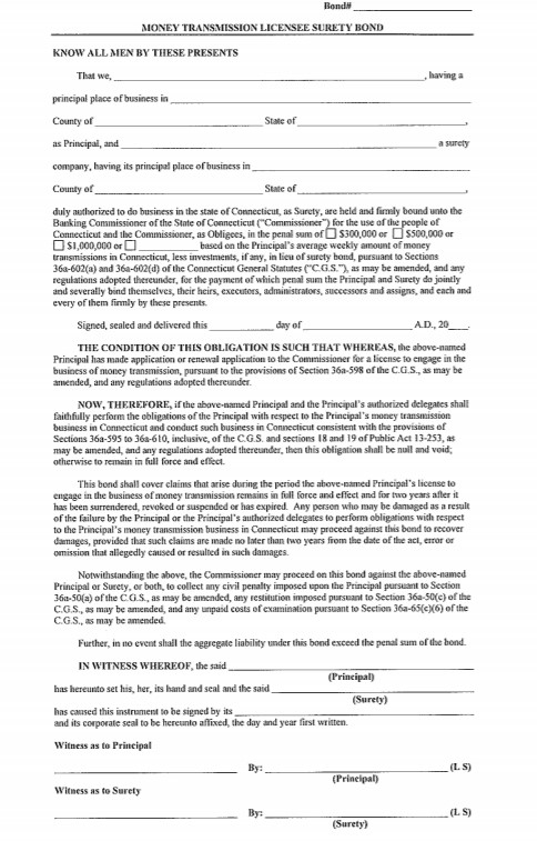 Connecticut Money Transmitter Bond Form