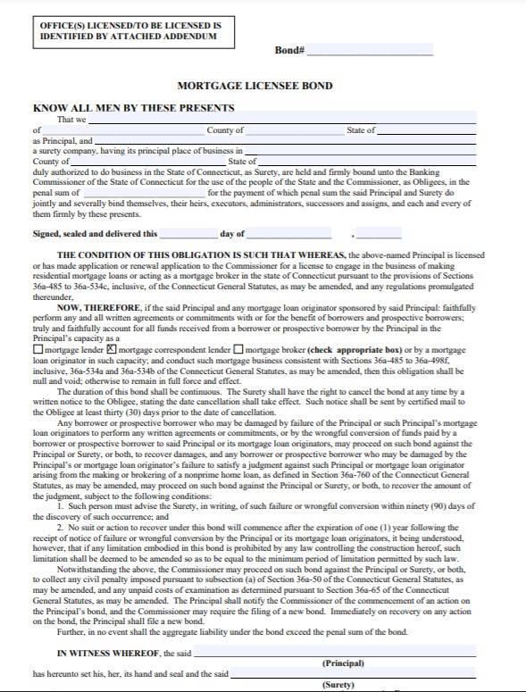 Connecticut Mortgage Correspondent Lender Bond Form