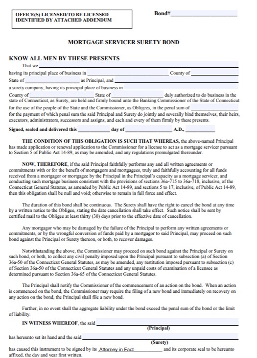 Connecticut Mortgage Servicer Bond Form