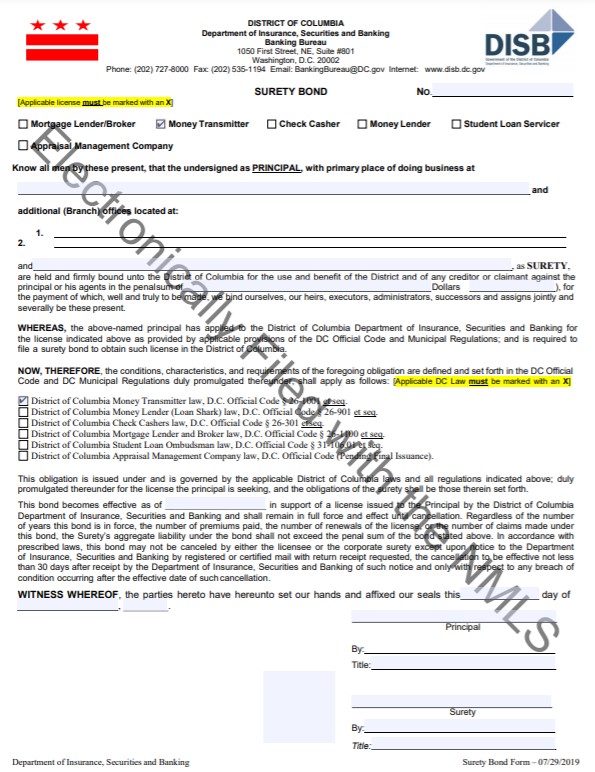 DC Money Transmitter Bond Form