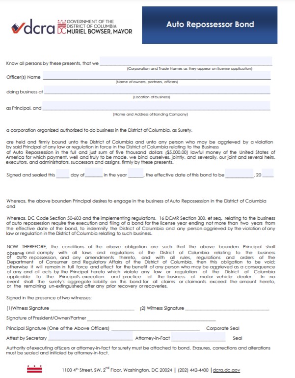 DC Automobile Repossessor Bond Form